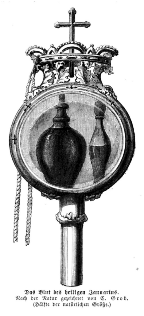 Drawing of the ampoules said to hold St Gennaro’s blood, Naples, Italy. Public domain. Leipzig. 1860.